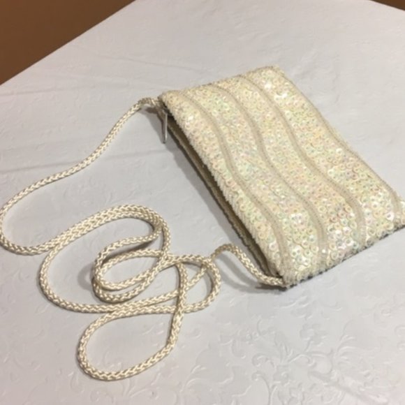 White Sequined/Beaded Corded Strap Crossbody Bag 7.5"x4.5" - Picture 1 of 5